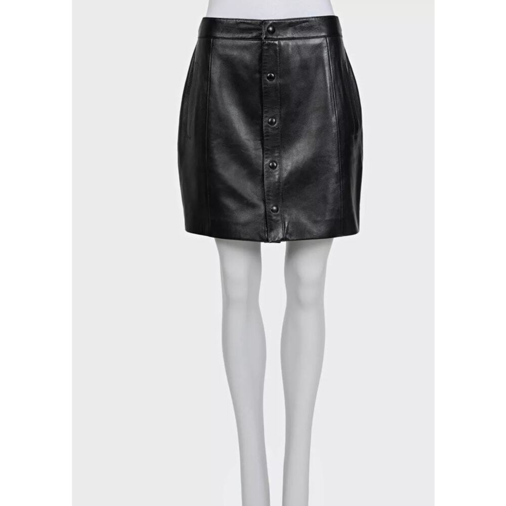 Saint Laurent Black Leather A-Line Button-Up Skirt Sz 42